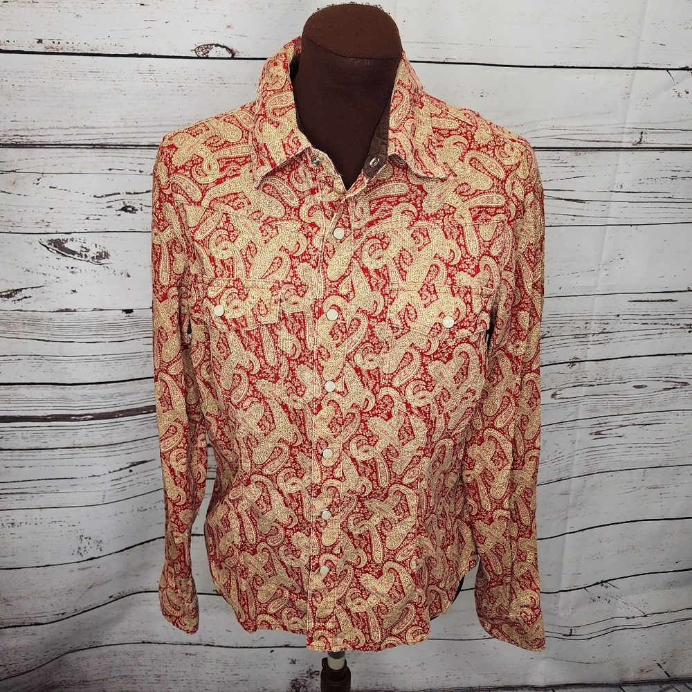 Vintage Tommy Hilfiger Paisley Corduroy Pearl Snap Button Blouse Size Large